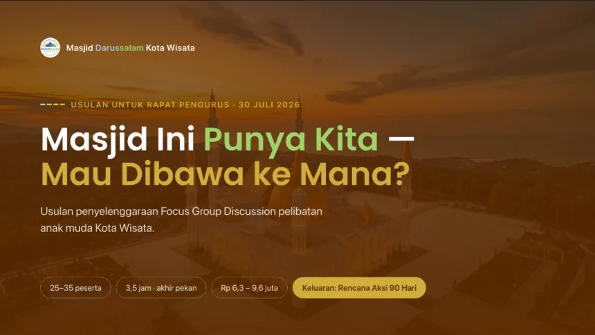 Slide pembuka deck rapat pengurus: judul “Masjid Ini Punya Kita — Mau Dibawa ke Mana?” di atas foto masjid saat senja.